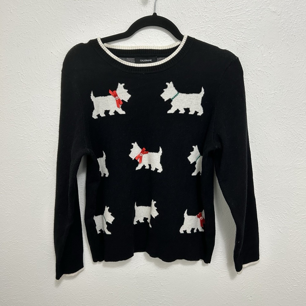Calligraphie Scottish Terrier & Bows Black Novelty Print Sweater Size PL Whimsy